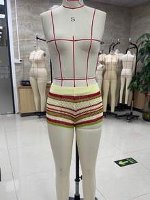 Women's Knitted Shorts Casual Stylish Colorful Contrast Striped Elastic Mid Rise Shorts - Rosa - Ver 5