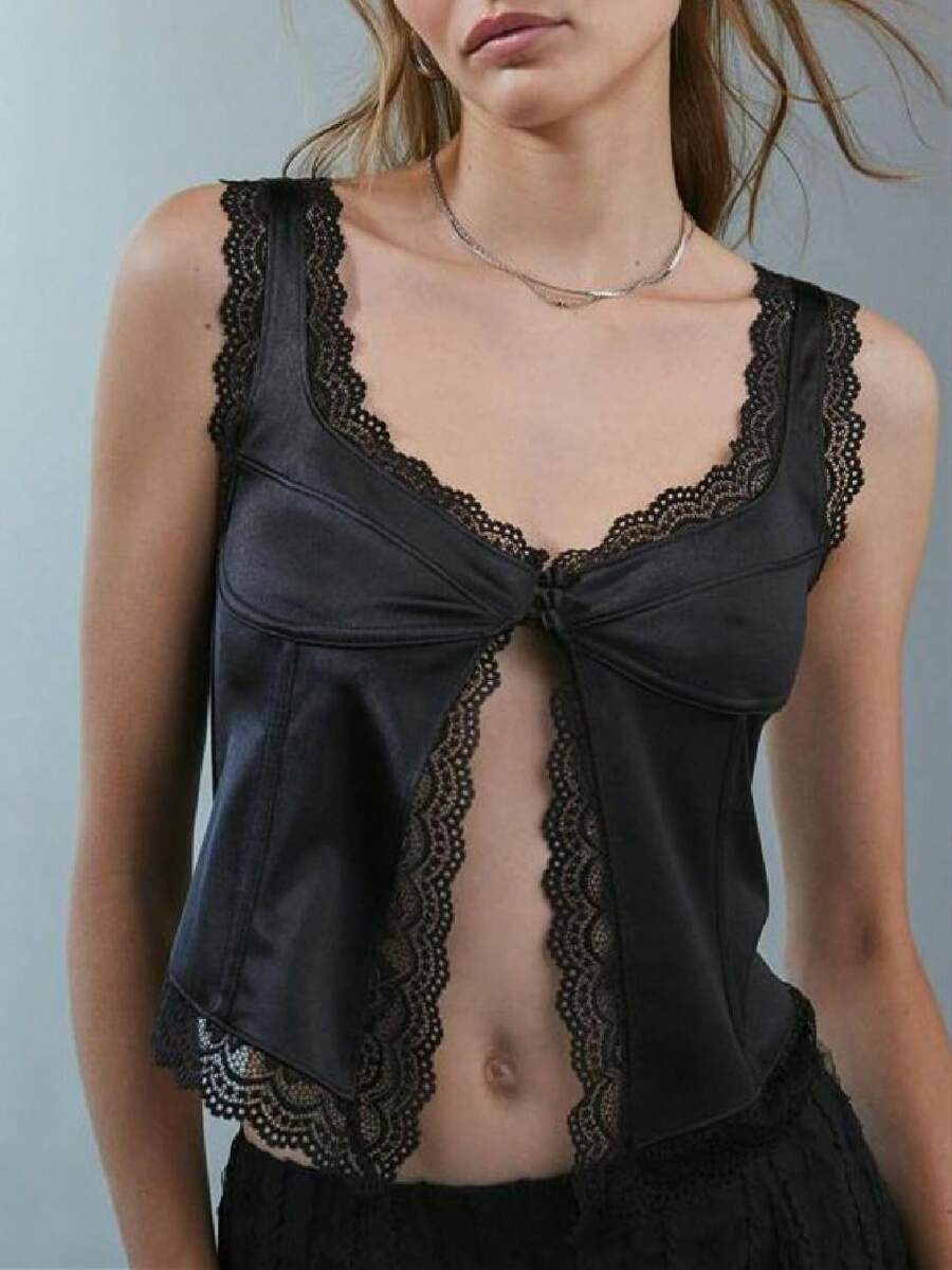 Women's Lace Trim Tank Tops Y2k Sleeveless Button Down Summer Corset Vest Top Teen Girl Cute Going Out Blouse - màu đen - Xem 1