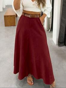 Solid Color High Waist Skirt With Pockets On Both Sides And Wide Hem - 酒紅色 - 查看 1