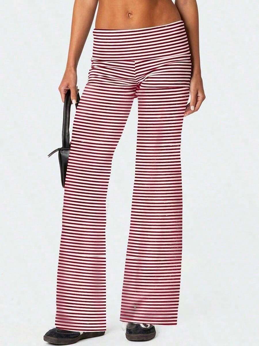 Women Fold Over Yoga Pants Low Rise Solid Color Stretch Casual Straight Wide Leg Palazzo Pants Loose Fit Comfy Flared Leggings Gym Lounge Pants Bootcut Bell Bottoms Baggy Sweatpants Teen Girl Back To School Bottoms Y2k Streetwear - 紅白色 - 查看 1