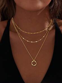 1 Pc Gold And Silver Plated Necklaces, Fashionable And Personalized Round Pendants, Multi-Layer Necklaces, Women's Jewelry Set, Light Luxury, Daily Wear, Vacation, Date, Surprise Exquisite Gifts, Halloween And Christmas Gifts - Vàng - Xem 4