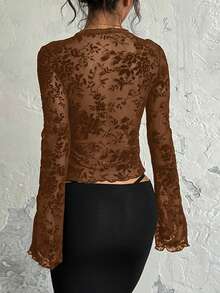 Women's Sexy Sheer Tie Front Ruffle Flared Sleeve Blouse - Khaki - View 2