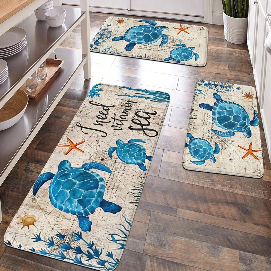 1 buc. Covoraș de podea moale din pluș cu model de broască țestoasă și fructe de mare, decor pentru casă, decor pentru baie, decor pentru bucătărie, preș, pernă confortabilă, covoraș anti-oboseală, temă oceanică, relaxare pentru picioare - Multicolor - Vizualizare 1