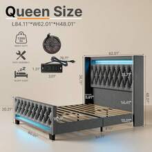 GREENSTELL Modern Platform Bed Frame ,Twin/Full/King/Queen Size Bed Frame With Upholstered High Headboard & Footboard, Heavy Duty Wood Slats ,With LED Lights & USB Charging Station ,Easy Assembly,Bedroom - Xám - Xem 7