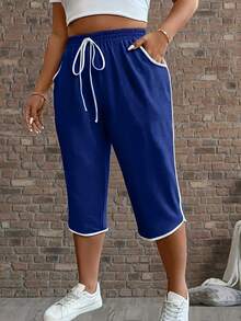 Plus Size Women's Contrast Color Decorative Pocket Capri Pants, Casual Elastic Waist Straight Pants, Straight Sweatpants - Màu xanh lam - Xem 1