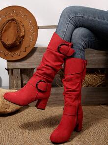 Jesień/zima 2025 Damskie buty w stylu europejskim i amerykańskim, plisowane, z klamrą i stożkowym obcasem, zapinane na zamek błyskawiczny z boku, duże rozmiary, buty na obcasie typu "kaczuszek", stroje świąteczne - Czerwone grube obcasy - Zobacz 3