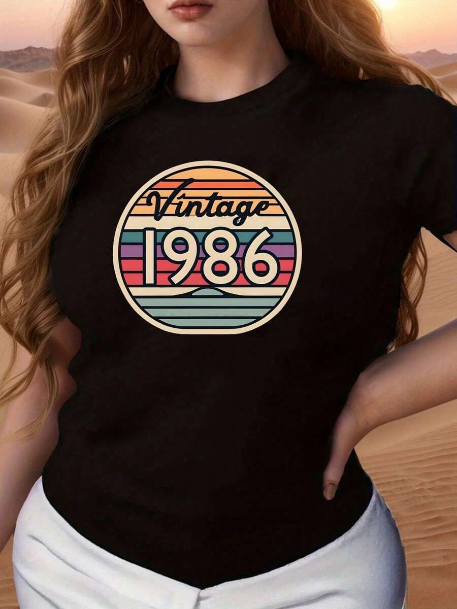 Vintage 1986 Graphic Tee , Women's 220gsm New Summer Casual Crew Neck Pure Cotton Short-Sleeved T-Shirt(1 PC) - 黑色 - 查看 1
