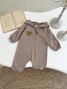 Newborn Baby Boy Clothes Jumpsuit, Bear Badge Decor, Long Sleeve, Hooded, Brown, Spring/Autumn - Brown - View 6