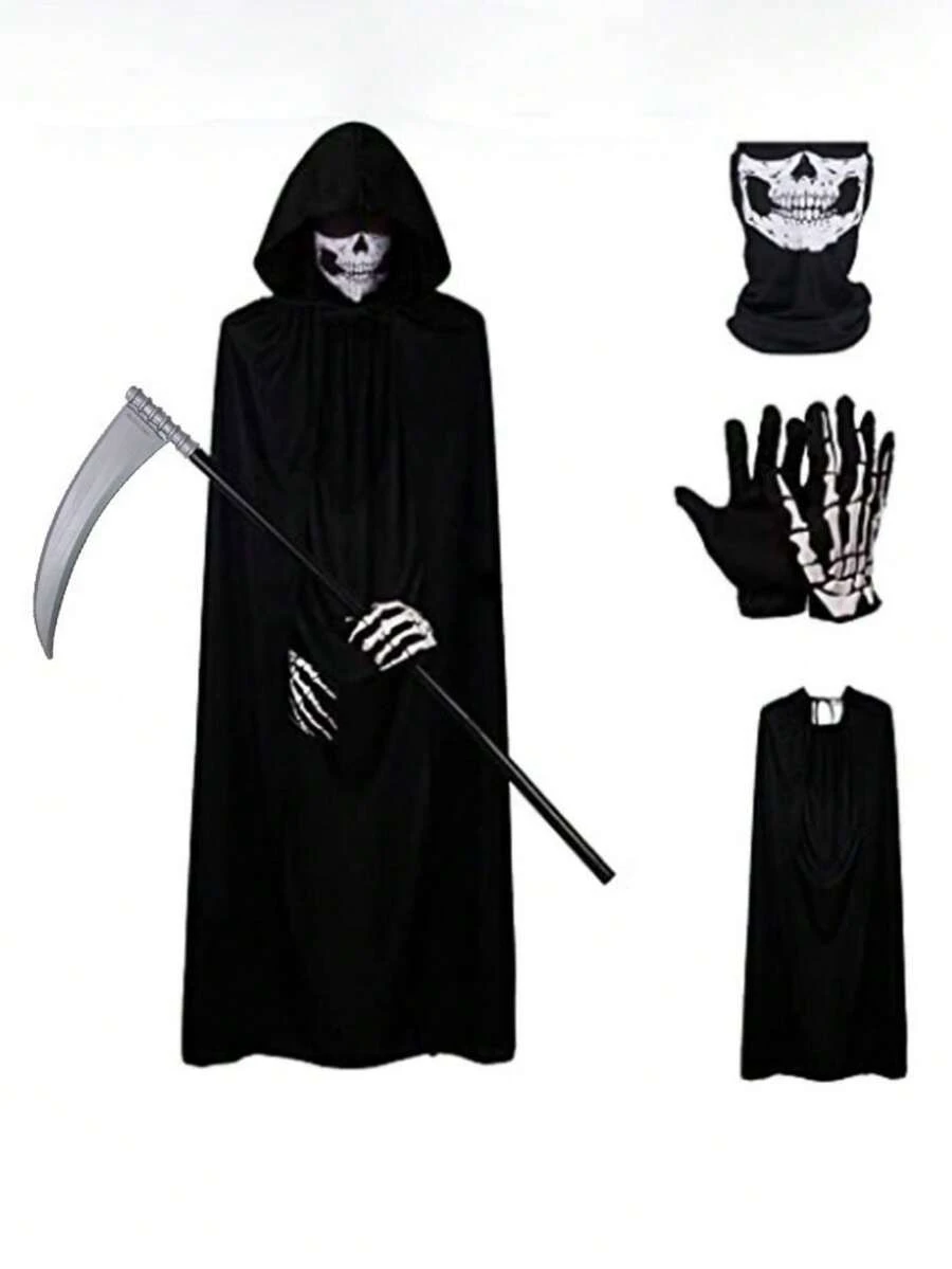 1 套成人万圣节死神黑色斗篷长袍服装，带镰刀道具 - 彩色 - 查看 1