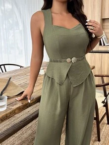 Plus Size Square Neck Belt Design Top & Wide Leg Pants Set, Elegant Outfit - Green - View 6