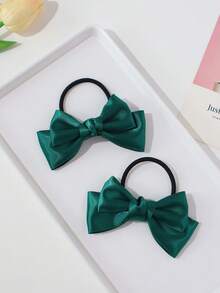 2pcs Fashionable Versatile Delicate Princess Style Hair Accessories/Hair Ties, Double-Layer Glossy Bow Design Hair Ties, Essential For Daily Hairstyles And Braiding - Dark Green - View 2