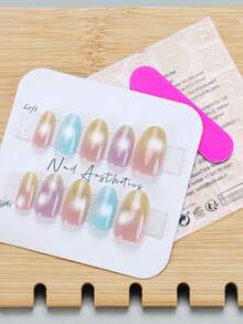 30pcs Almond/Short Ombre 7-Color False Nails, Comes With 1pc Jelly Gel & 1pc Nail File, Suitable For Party & Daily Manicure - Multicolor - View 3