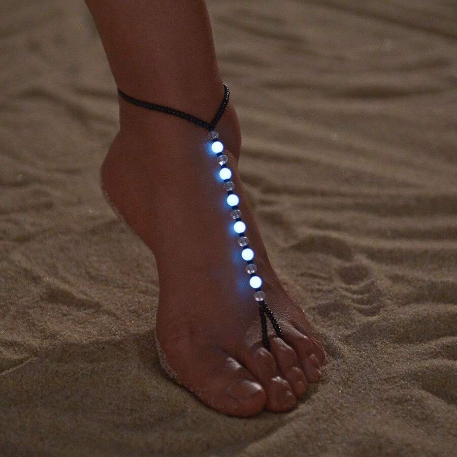 Bohemian Style Luminous Bead Ankle Bracelet - Colorful Acrylic Resin Toe Ring Ankle Bracelet, Perfect For Beach Vacations And Holiday Celebrations - Màu xanh lam - Xem 1