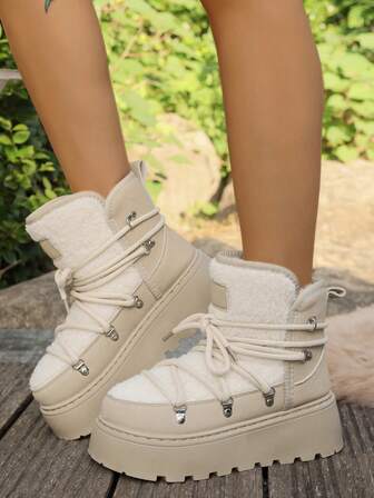 Women's Criss-Cross Lace-Up Faux Fur Thick Sole Snow Boots, Fashion Patchwork Warm Boots For Autumn/Winter