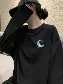 Women's Moon Pattern Print Long Sleeve Round Neck T-Shirt, Casual Loose Fit Versatile Black Top, Autumn - Black - View 4