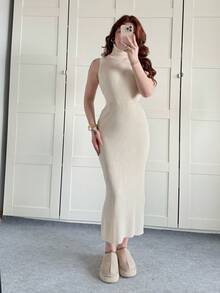 2 件套女士纯色针织圆领长裙和开衫套装，秋冬 - 米色 - 查看 2