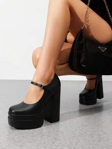 Women's Mary Jane Platform Chunky High Heels Pumps Solid Color Weddings Banquets Christmas Y2K Shoes For Fall And Winter - 黑色 - 查看 4