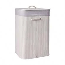 1 Laundry Basket - Natural Bamboo Storage Basket With Large Capacity | Dustproof With Lid | Household Storage Aid - Simple - Bamboo - With Lid - Square Or Round - Foldable Wicker Basket - 70 Liters - Foldable - Yellow/White - 白色 - 查看 2