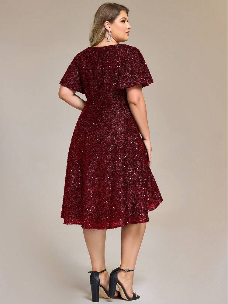 Plus Size Elegant Sequin V Neck Ruffle Sleeve Asymmetric Hem Evening Dresses Burgundy Party Dresses Fall Wedding Guest Dresses - Burgundy - View 2