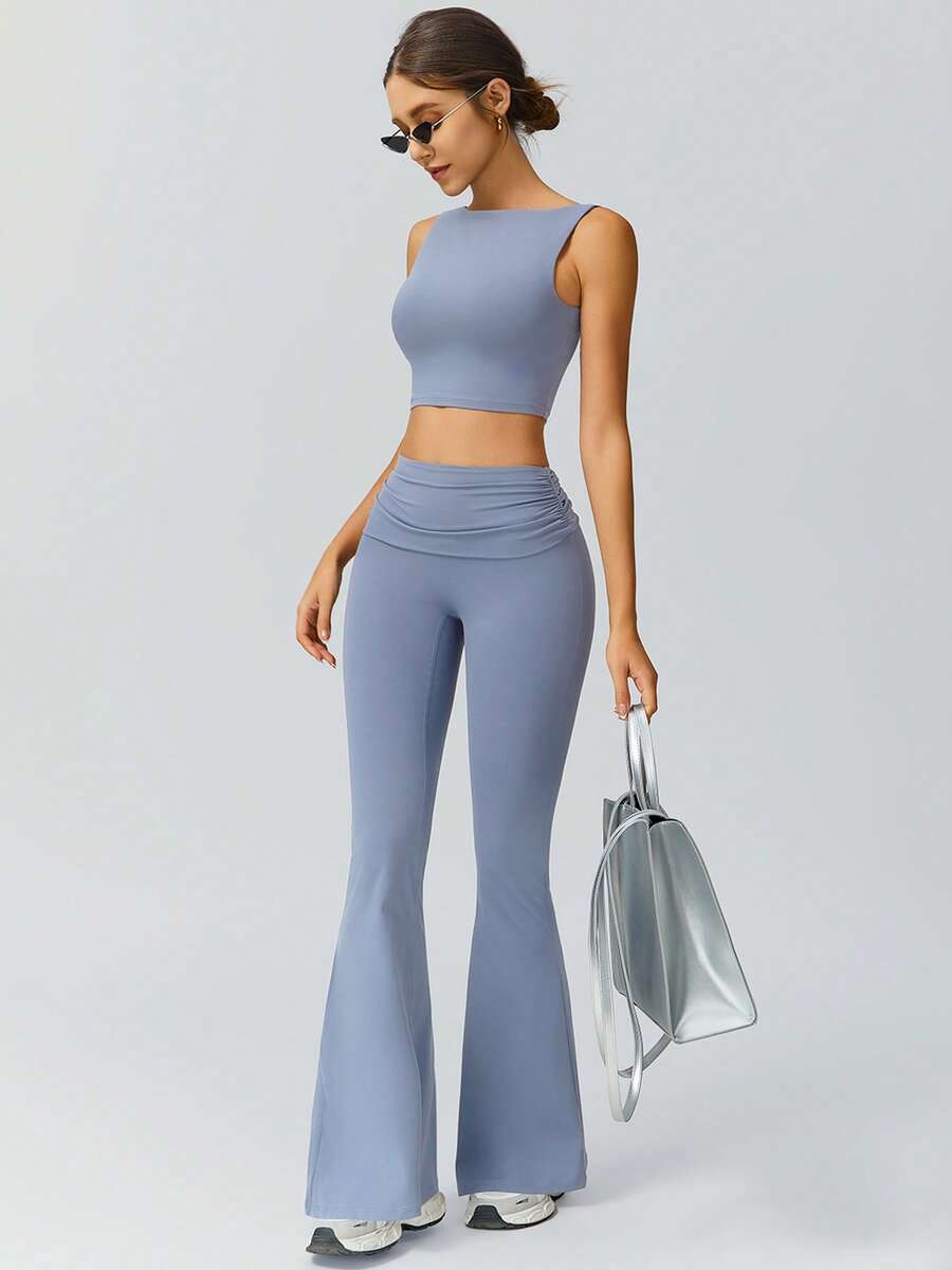 NcmRyu 1 Set Women's Fashion Elastic Casual Versatile Slimming Lifting Shaping Flared Leggings Sports Suit For Running & Workout - Màu xanh bụi bặm - Xem 1