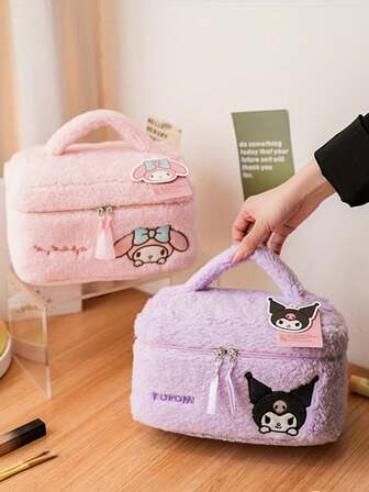  1 PC Sanrio Teddy Plush Large Capacity Cosmetic Storage Bag, Cartoon Chic Soft Travel Makeup Bag, Premium Feel With Zipper Closure For Girl, Girls