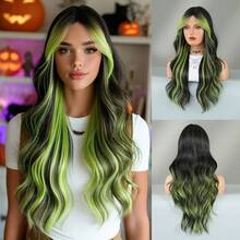 24 Inch Long Wavy Black Green Highlight Wig With Curtain Bangs For Women Heat Resistant Fiber Hairpiece,Natural Synthetic Full Machine Hair Wigs For Daily Music Festival Party Wear, Cosplay Halloween & Street Photography Use - 挑染綠色 - 查看 11