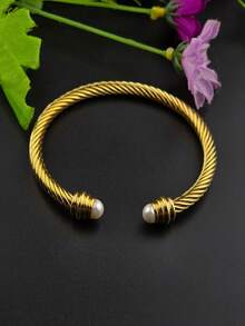 1pc 18K Gold Plated Stainless Steel Adjustable Cuff Bracelet, Elegant & Luxurious, Suitable As Gift For Family, Friends, Lover - Gold - View 8