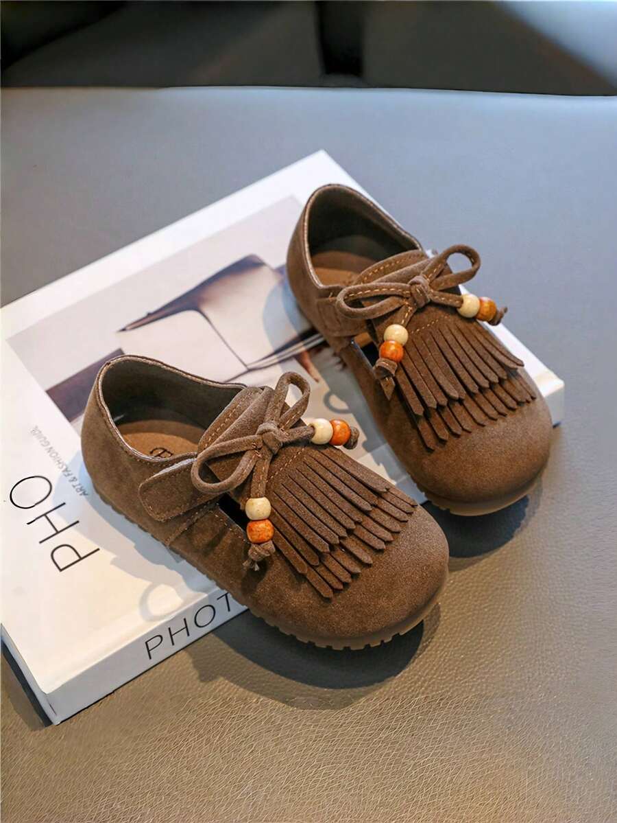 1 par de zapatos planos con diseño de lazo y cierre de gancho y bucle de PU para niñas, adecuados para primavera y otoño - Café integral - Ver 1