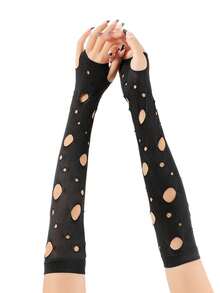 1 Pair Fashionable Personalized Distressed Holey Fingerless Gloves, Suitable For Clubbing, Party, Halloween, Dark Style Fall Arm Warmers
