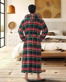 Mens Robe With Hood, Plush Fleece Hooded Mens Bathrobe, Big And Tall Bath Robe For Menhalloween - Forest Tartan Plaid - View 9