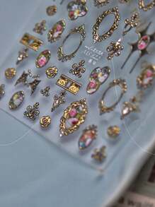 1 张 3D 复洛克风格指甲贴，金色金属浮雕玫瑰和框架贴花，优雅宫廷风格美甲装饰滑块，适合 DIY 美甲