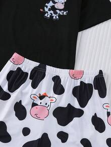 Bộ đồ ngủ 2 món in hình con bò dễ thương cho trẻ em, áo sơ mi cổ tròn tay ngắn và quần short, trang phục ngủ thường ngày cho bé trai và bé gái, phù hợp cho mọi mùa và tiệc tùng - Đen và trắng - Xem 8