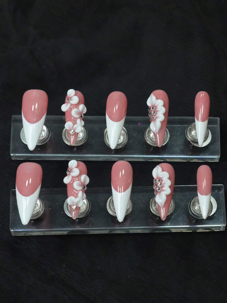 CrystalHola 10pcs Almond-Shaped Nails Y2K White French Style & Full Of Sparkling Rhinestones, 3D Flower Design Decoration, Ideal For Party And Daily Wear, Great As Gift For Women And Girls. Press On Nails - 彩色 - 查看 1