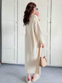 2 件套女士纯色针织圆领长裙和开衫套装，秋冬 - 米色 - 查看 3