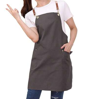 Tablier de cuisine unisexe en toile de coton avec 2 poches, tablier bavette marron pour serveuse, boulangerie, pâtisserie
