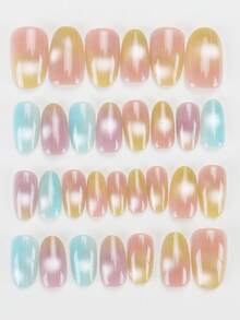 30pcs Almond/Short Ombre 7-Color False Nails, Comes With 1pc Jelly Gel & 1pc Nail File, Suitable For Party & Daily Manicure - Multicolor - View 5