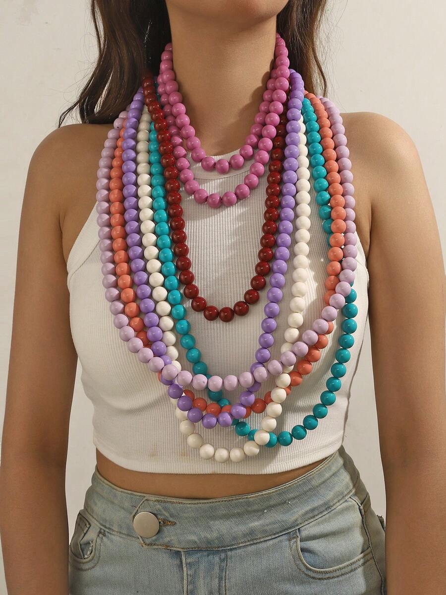 1pc Bohemian Style Acrylic Bead & Geometric Pattern Long Necklace For Women, Handmade, Suitable For Layering, Summer Beach Wear, Holiday Gift, Daily Use - Long Beaded Necklace - View 1