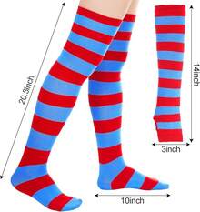 Tongcloud Women's Striped Knee High Socks, Over Knee Thigh High Socks, Arm Warmer And Fingerless Gloves SetHalloween Christmas New Year - 廣紅與深藍 - 查看 5