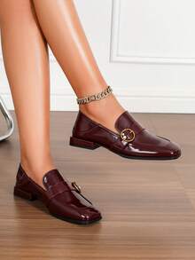 Women's Square Toe Metal Pearl Buckle Flat Shoes, Fashion Comfortable Versatile Low Heel Loafers - Burgundy - View 5