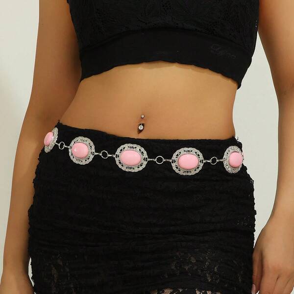European And American Cross-Border Fashion Personalized 3D Flower Waist Chain, Versatile Dress Waist Chain, Sexy Metal Chain Body Chain For Women, Travel, Vacation, Birthday Party, Friends Party, Colleague Gathering, Bar Nightlife, Gift For Girlfriend, Gift For Sister, Shiny Bohemian Zinc Alloy Turquoise Texture Waist Chain, Wedding, Spring, Summer, Autumn, Winter, Back To School Season