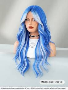 24 Inch Long Wavy Blue Grey Highlight Wig With Curtain Bangs For Women Heat Resistant Fiber Hairpiece,Natural Synthetic Full Machine Hair Wigs For Daily Music Festival Party Wear, Cosplay Halloween & Street Photography Use - 挑染藍色 - 查看 3