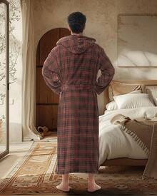 Mens Robe With Hood, Plush Fleece Hooded Mens Bathrobe, Big And Tall Bath Robe For Menhalloween - Espresso Plaid - View 4