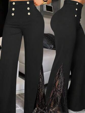 Plus size kvinnors Casual Enfärgade Byxor med breda ben, Spetspanel Knapp Accent Långbyxor