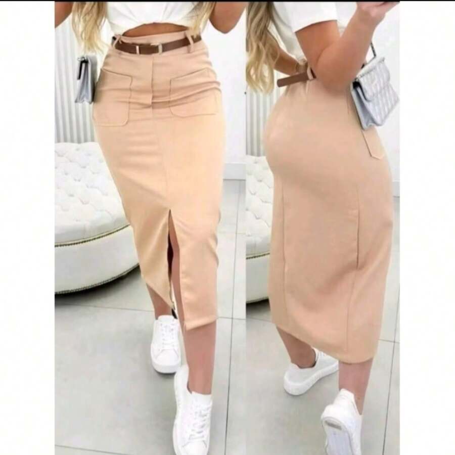 Tailored Midi Skirt With Front Pocket + Belt Elegant And Versatile Simple Casual Pocket Zipper Divided Office - Màu be - Xem 1