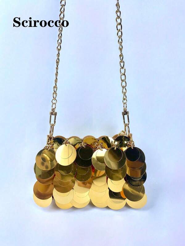 1pc Gold Sequin Decorated Pu Fashion Crossbody Bag , Gold Bag