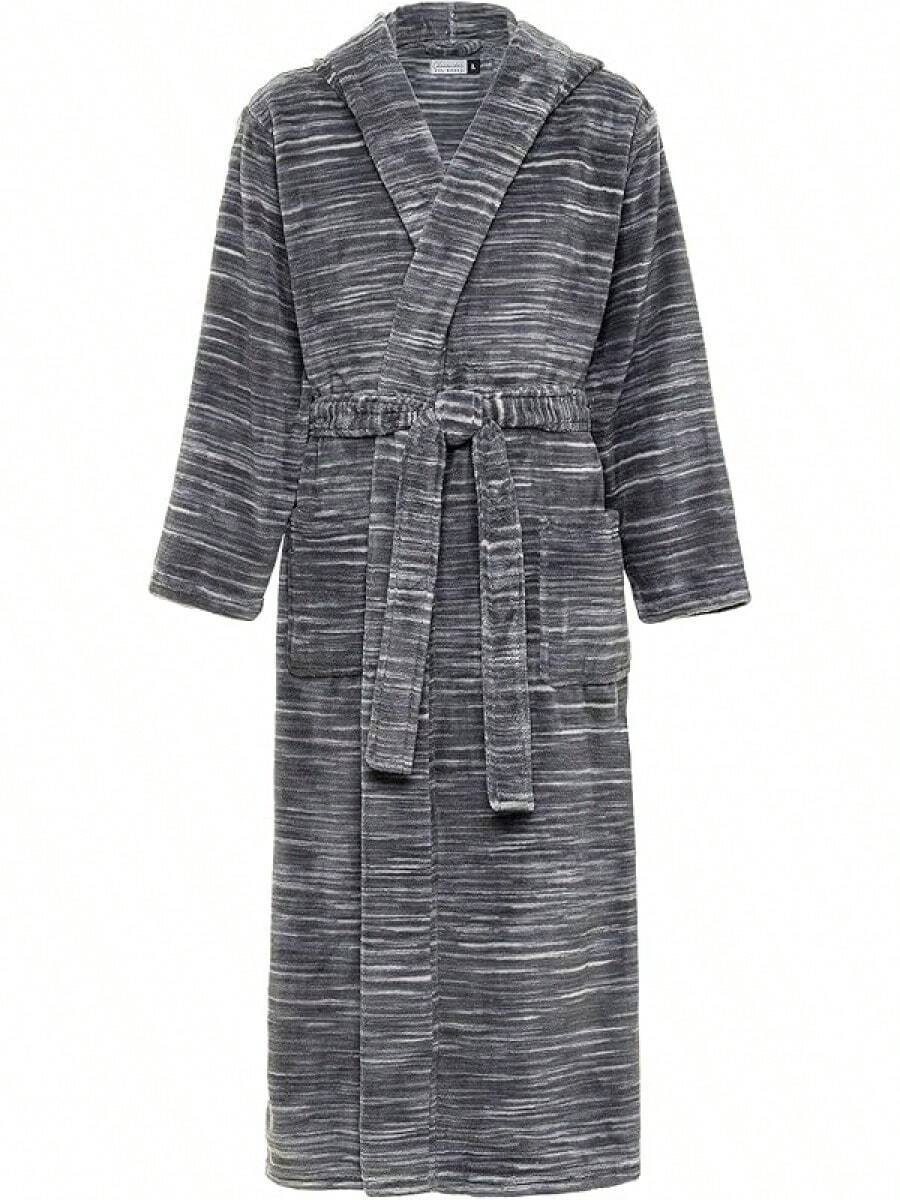 Mens Robe With Hood, Plush Fleece Hooded Mens Bathrobe, Big And Tall Bath Robe For Menhalloween - 深混色灰色 - 查看 1