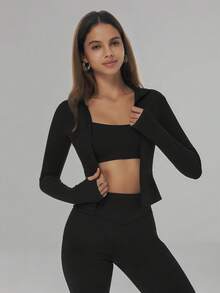 6pecil 女士时尚瑜伽户外跑步通勤约会防晒必备弹力舒适背部塑身腹部瘦身健身复古高端街头优雅运动服跑步健身服拉链弹力简约时尚性感修身长袖瑜伽夹克健身服女外套 - 黑色 - 查看 3