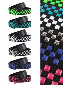 1 pieza Cinturón unisex de estilo punk, cinturón con patrón de tablero de ajedrez para jeans y pantalones cargo, adecuado para uso diario, estilo callejero y accesorios de otoño-invierno para campus, adecuado para adolescentes, jóvenes, hombres, casual, al aire libre, atlético, vacaciones, regalos de graduación, cumpleaños, uso diario - Multicolor - Ver 2