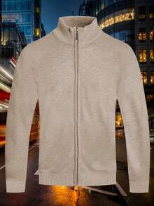 Homme Men's Simple Lightweight Stylish Casual Zip-Up Knit Sweater, Suitable For Autumn/Winter, Mock Neck Men, Men Knit Tops, Quarter Zip Sweater Men, Men S Sweater  Plain - 卡其色 - 查看 1