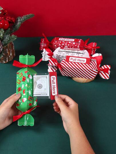 4件圣诞存钱罐，糖果形拉钱盒，圣诞快乐纸质礼盒，现金礼盒，圣诞装饰品，圣诞创意礼物，家居圣诞装饰，圣诞派对用品，圣诞装饰，节日装饰用品